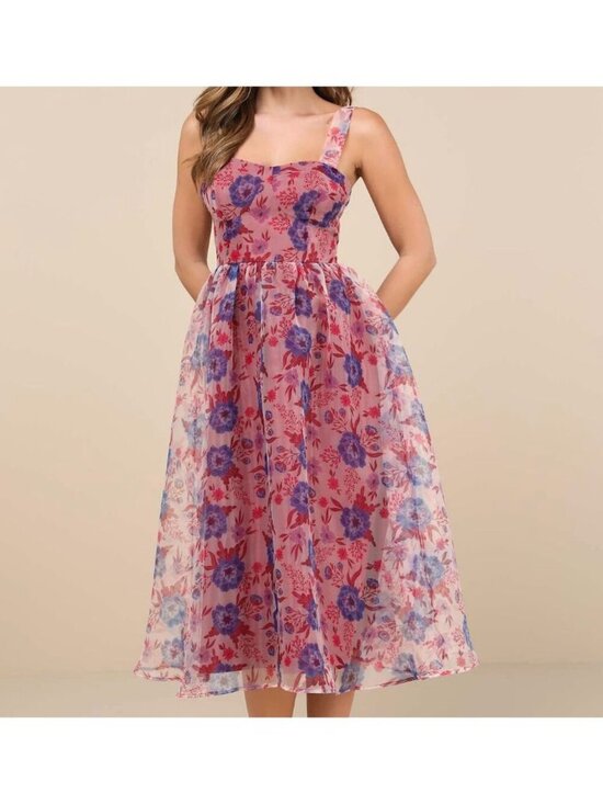 Lulus Dresses & Skirts - NWT Lulus Delightful Look Magenta Floral Print Bustier Midi Skater Dress Size S